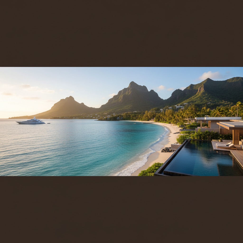 A luxury resort with an infinity pool overlooks a tranquil bay with a sandy beach, turquoise water, a yacht, and lush green mountains in the background.
